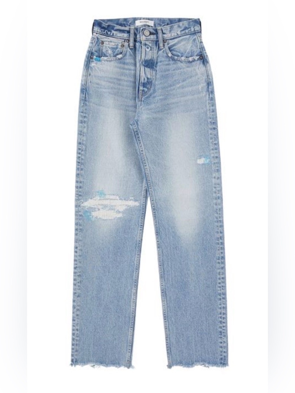 Moussy MV Brighton Wide Distressed Straight-Leg Jeans - Light Blue Size 27 $395